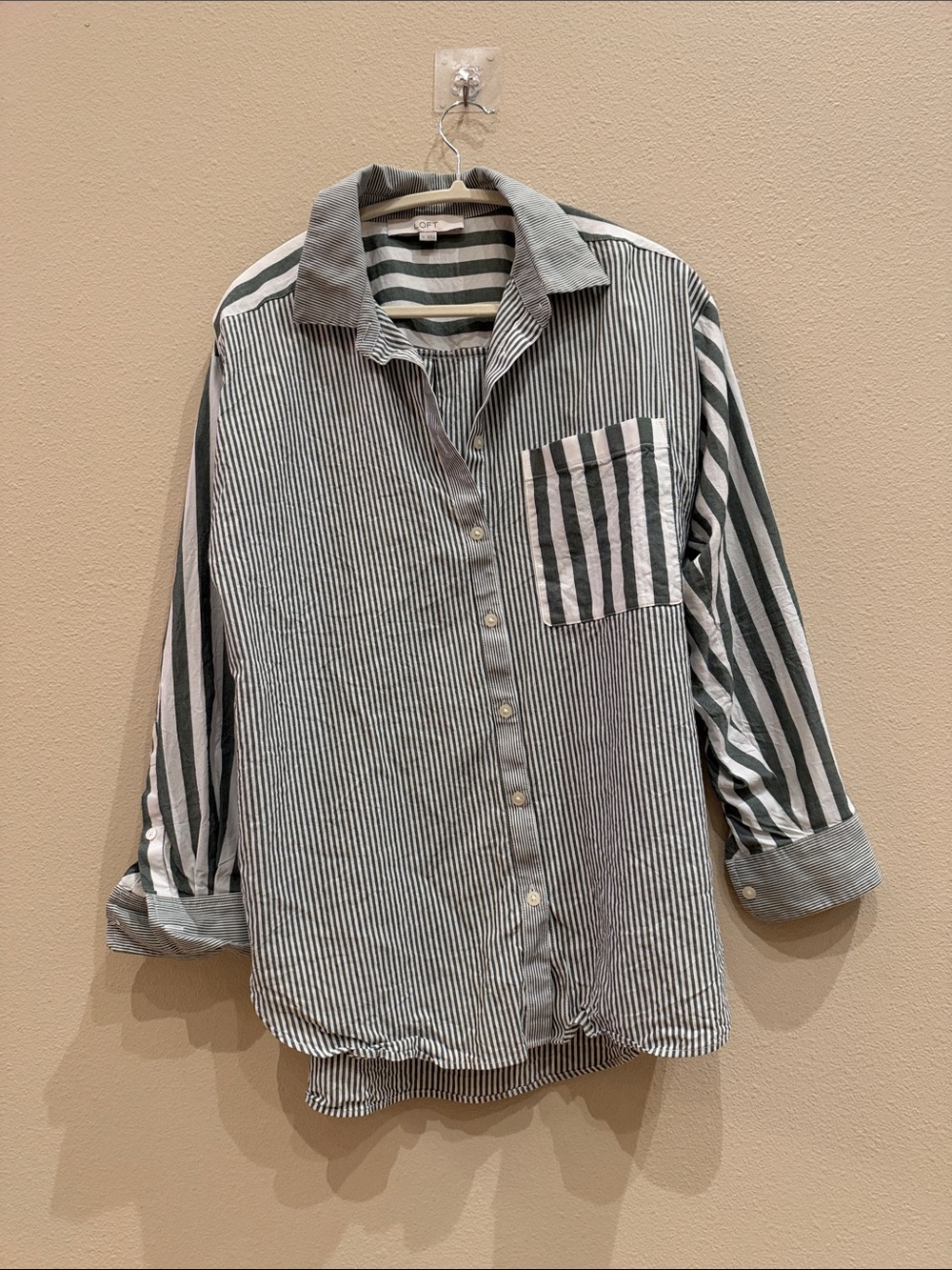 LOFT Striped Button-Up Shirt - Green & White
